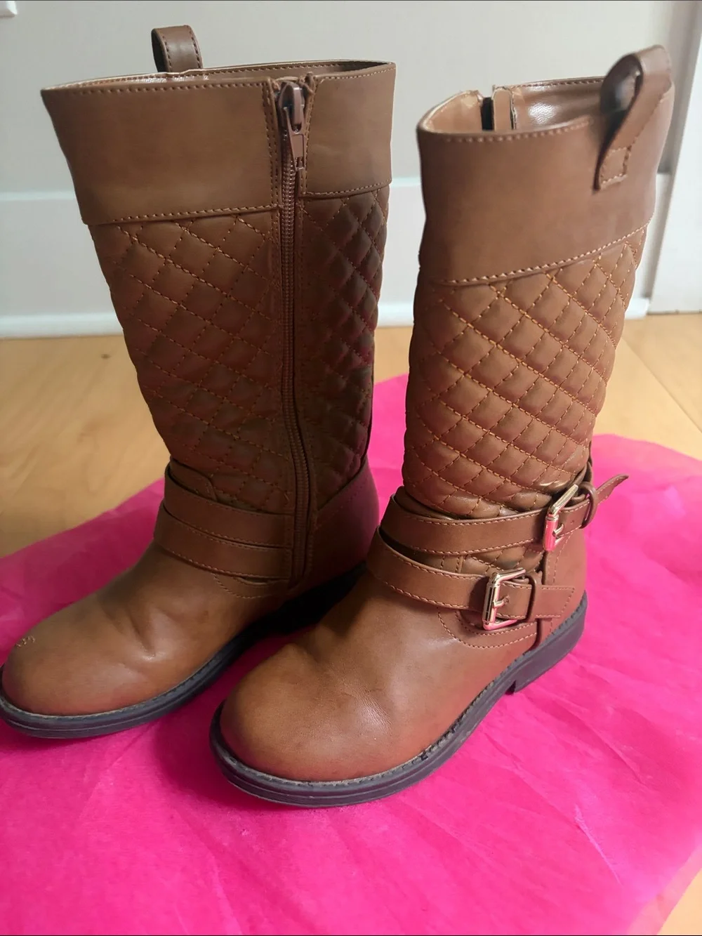 Dream Pairs Brown Quilted Girls Mid-Calf Buckle Boots